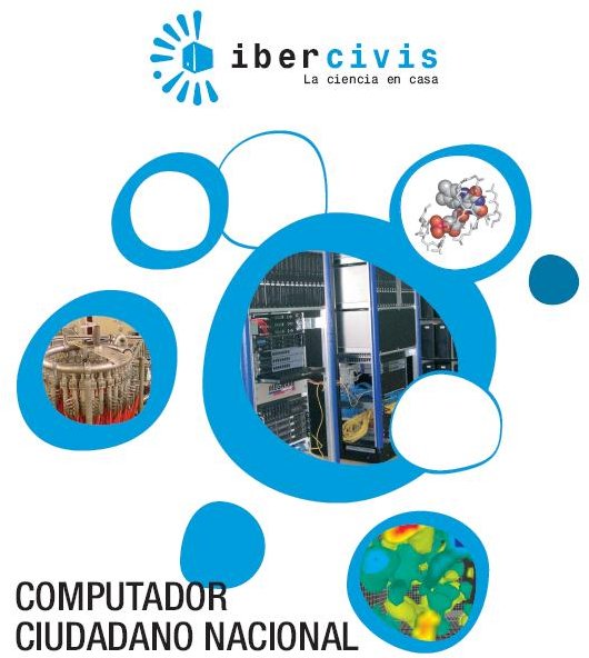 Ibercivis launch artwork, La ciencia en casa: linked circles containing scientific instruments, computers and simulations, labelled Computador ciudadano nacional.